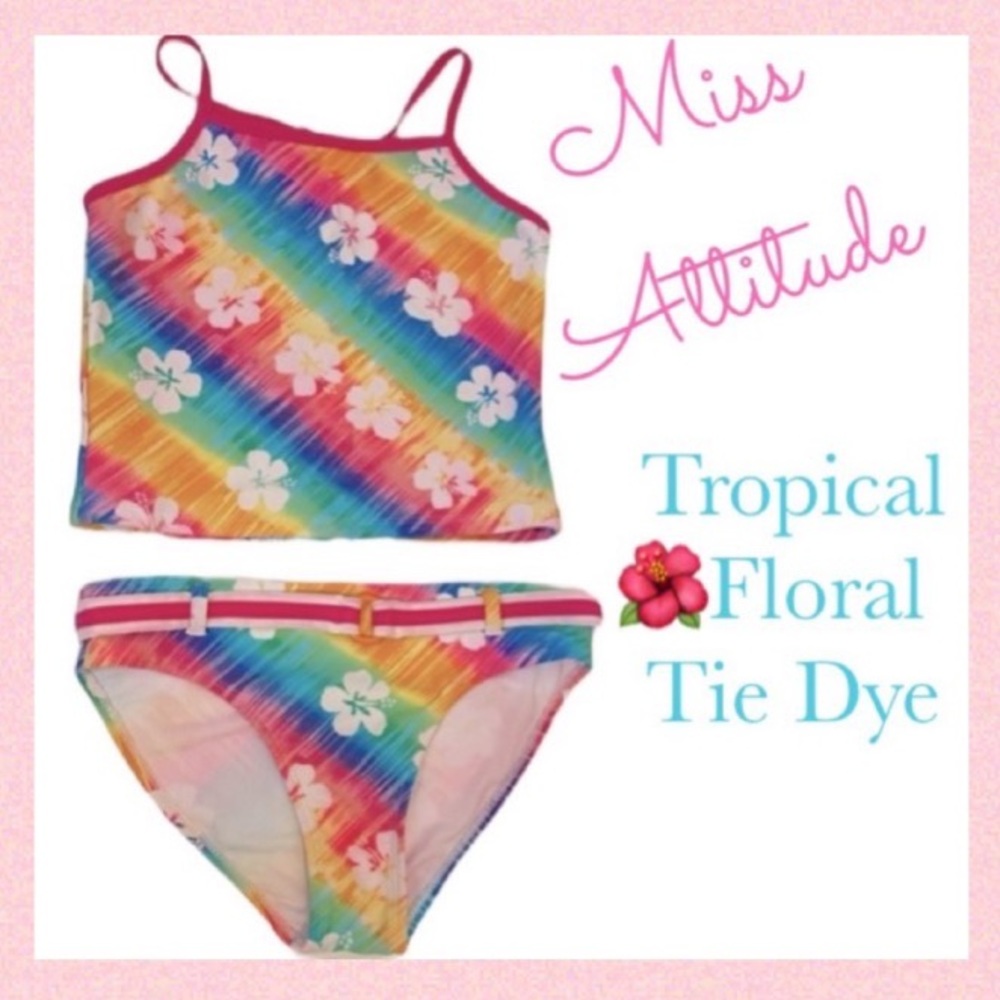 Sparkle Tie Dye Tankini Tropical Hibiscus Flower 2 pc Bikini Swimsuit Swimwear